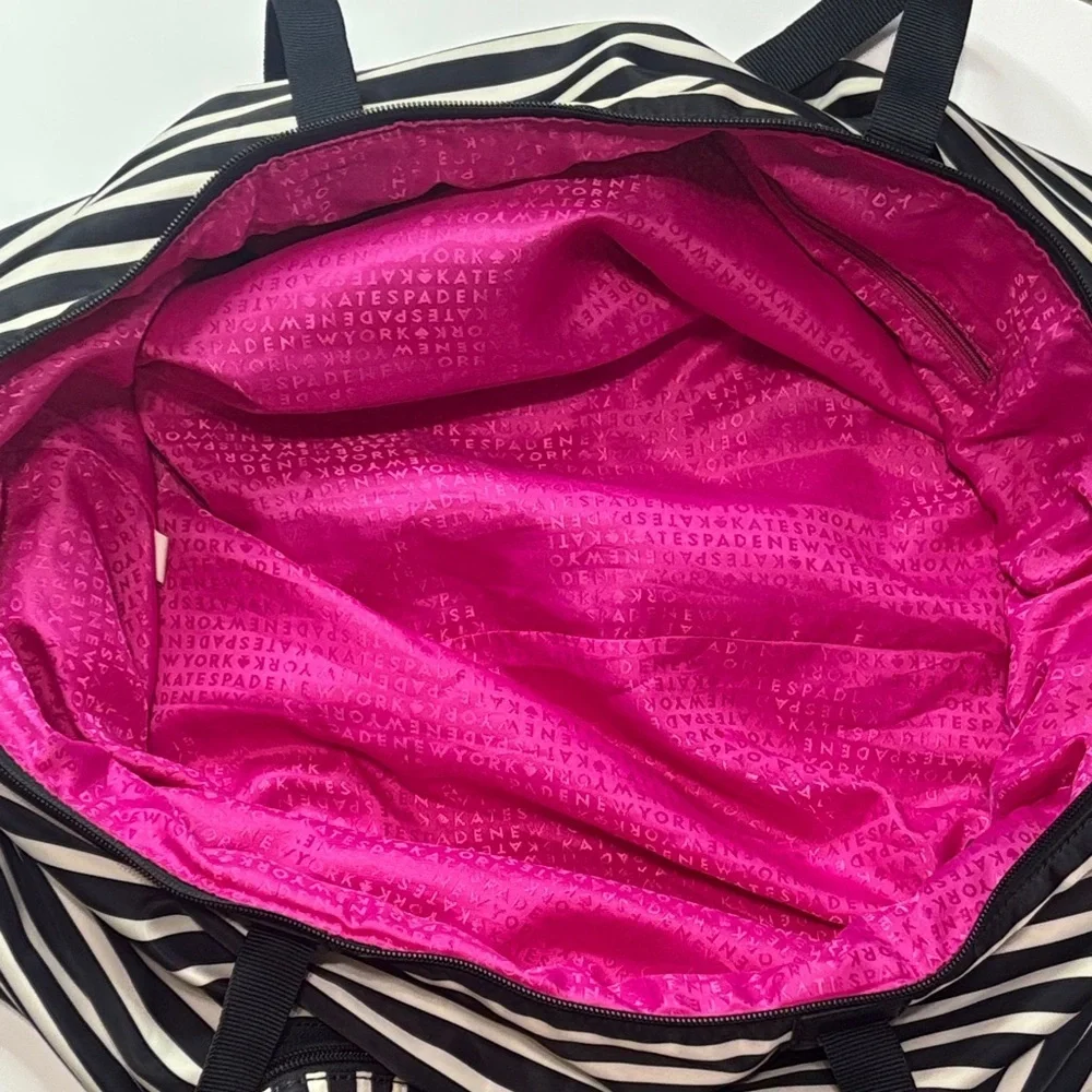 Kate Spade New York Black White Stripe Foldable Travel Tote Weekender Bag
